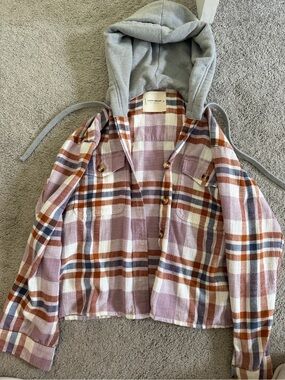 Lucky Brand Plaid Hooded Shirt Jacket in Mauve, Rust & Gray